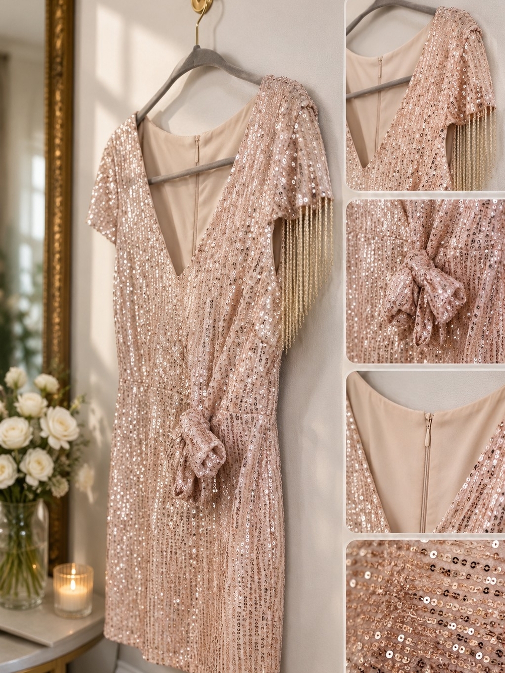 Jennifer Lopez Rose Gold Sequin Evening Gown | Beaded Fringe Sleeve Formal Dress